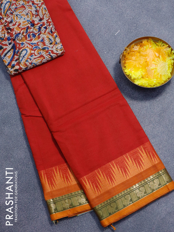 Chettinad cotton saree red and mustard yellow with plain body and temple design zari woven border - kalamkari printed blouse