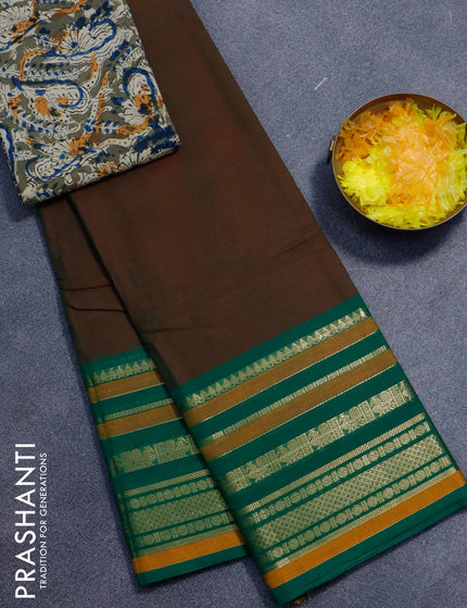 Chettinad cotton saree manthulir green and green military green with plain body and long zari woven borer - kalamkari printed blouse