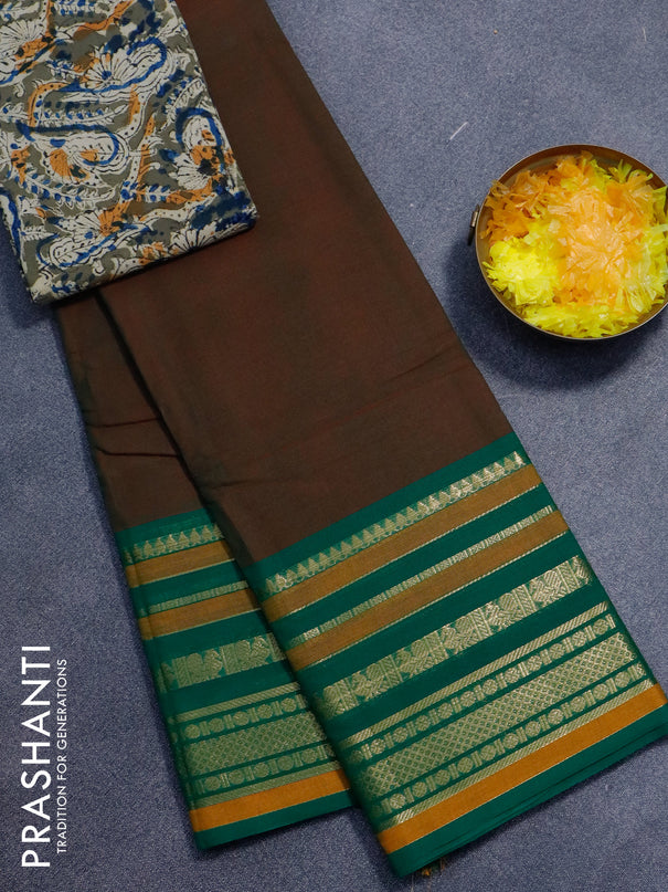 Chettinad cotton saree manthulir green and green military green with plain body and long zari woven borer - kalamkari printed blouse