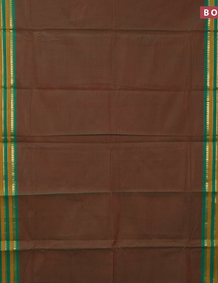 Chettinad cotton saree manthulir green and green military green with plain body and long zari woven borer - kalamkari printed blouse