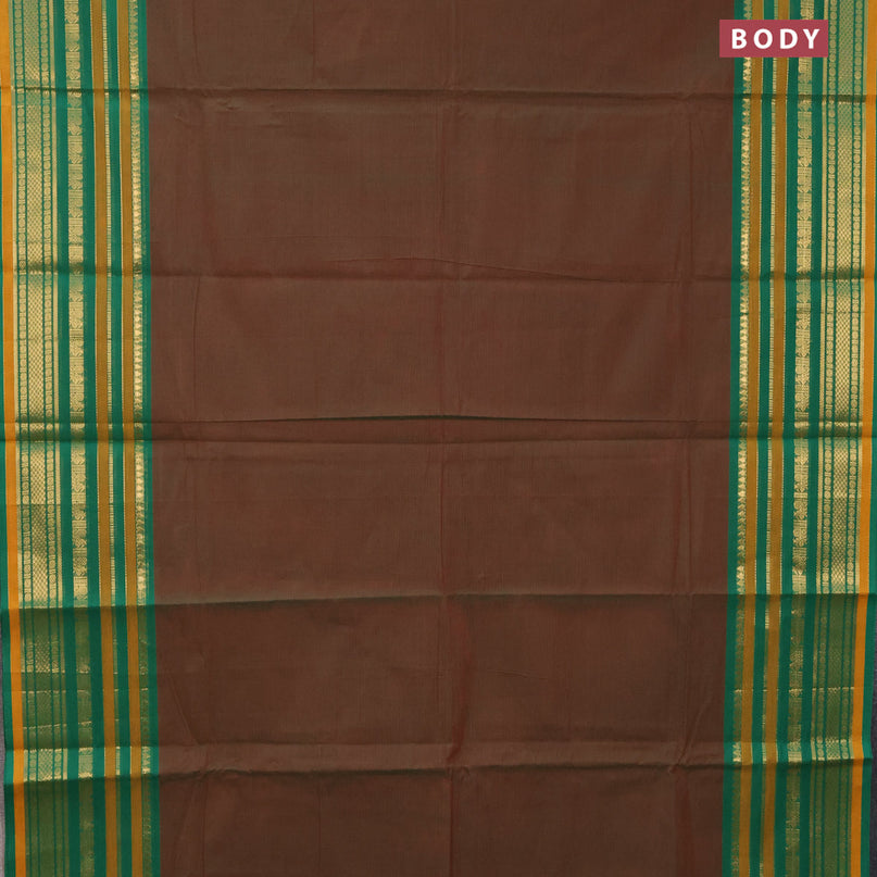 Chettinad cotton saree manthulir green and green military green with plain body and long zari woven borer - kalamkari printed blouse