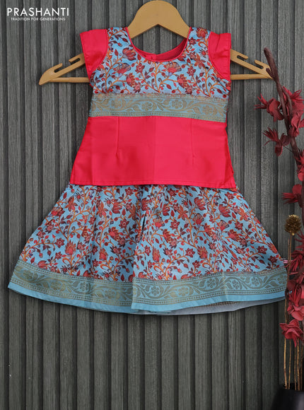 Banarasi kids lehenga pink and light blue with patch work neck pattern and kalamkari prints & zari border for 0-6 months