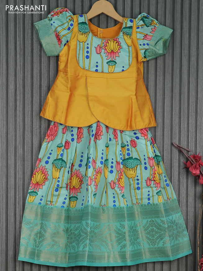 Banarasi kids lehenga yellow and teal blue with patch work neck pattern and pichwai prints & banarasi style border for 6 years