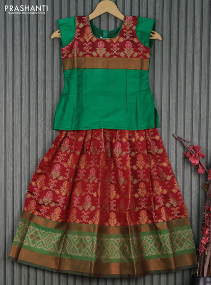 Banarasi kids lehenga green and maroon with patch work neck pattern and thread woven ikat weaves & woven border for 7 years