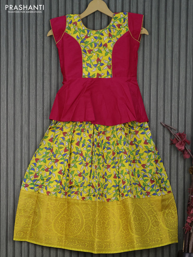 Banarasi kids lehenga pink and yellow with patch work neck pattern and kalamkari prints embroidery work & long banarasi style sequin work border for 7 years