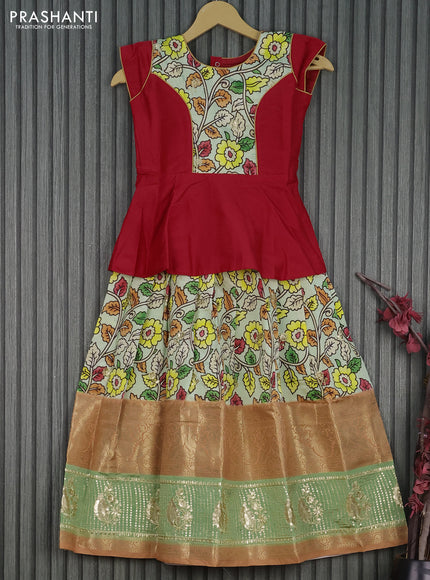 Banarasi kids lehenga red and mild pista green with patch work neck pattern and kalamkari prints embroidery work & long banarasi style sequin work border for 7 years