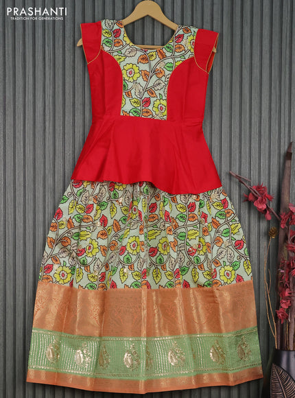 Banarasi kids lehenga red and pista green with patch work neck pattern and kalamkari prints embroidery work & long banarasi style border for 9 years