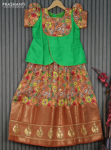 Banarasi kids lehenga green and pale orange shade with patch work neck pattern and kalamkari prints & long banarasi style sequin work border for 8 years