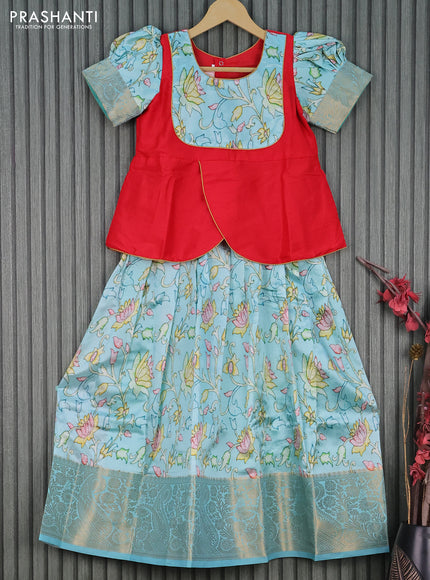 Banarasi kids lehenga red and teal blue with patch work neck pattern and kalamkari prints & long banarasi style border for 8 years