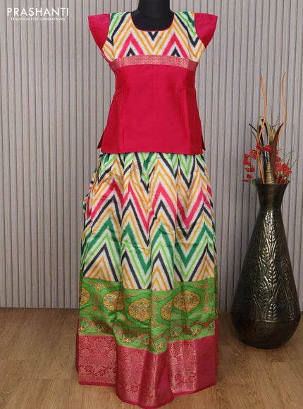 Banarasi kids lehenga pink and multi colour with patch work neck pattern and zig zag prints & long zari border for 12 years