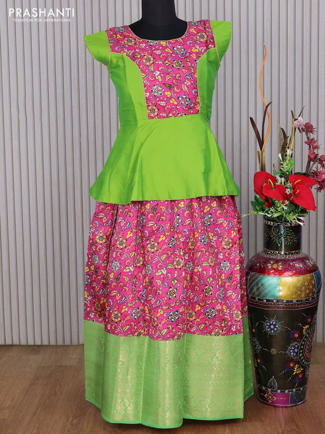 Banarasi kids lehenga light green and magenta pink with patch work neck pattern and kalamkari prints & long zari border for 12 years