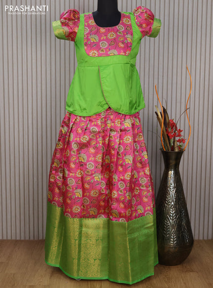 Banarasi kids lehenga light green and light pink with patch work neck pattern and floral prints & banarasi style border for 13 years