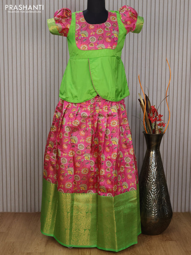 Banarasi kids lehenga light green and light pink with patch work neck pattern and floral prints & banarasi style border for 13 years