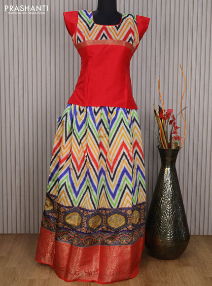 Banarasi kids lehenga red and multi colour with patch work neck pattern and zig zag prints & long zari border for 14 years