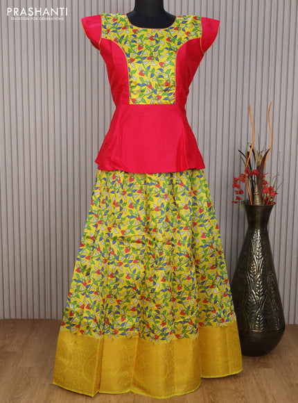 Banarasi kids lehenga pink and yellow with patch work neck pattern and kalamkari prints & banarasi style border for 15 years