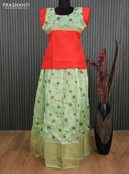 Banarasi kids lehenga orange and pista green with patch work neck pattern and pichwai prints & banarasi style border for 16 years