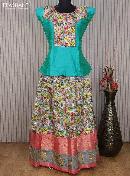 Banarasi kids lehenga teal blue and grey pink with patch work neck pattern and kalamkari prints embroidery work & zari woven sequin work border for 16 years