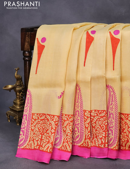 Bishnupuri silk saree pale yellow and pink with butta prints and printed border