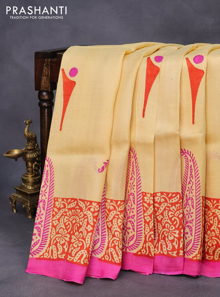 Bishnupuri silk saree pale yellow and pink with butta prints and printed border