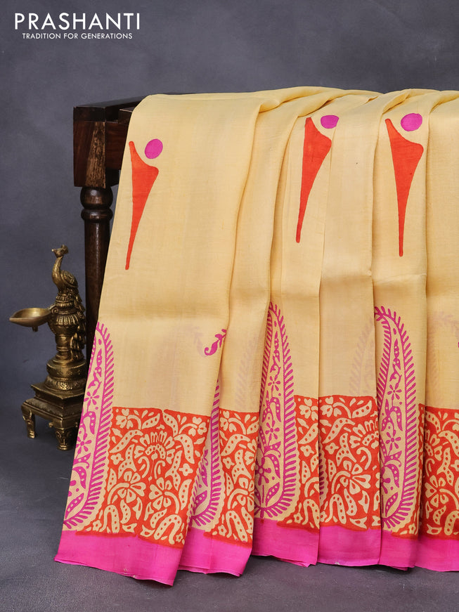 Bishnupuri silk saree pale yellow and pink with butta prints and printed border