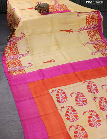 Bishnupuri silk saree pale yellow and pink with butta prints and printed border