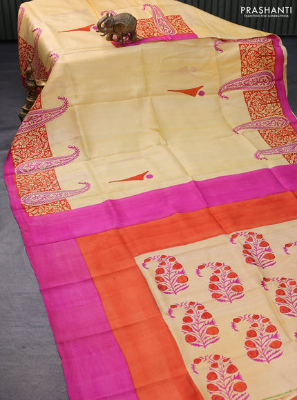 Bishnupuri silk saree pale yellow and pink with butta prints and printed border