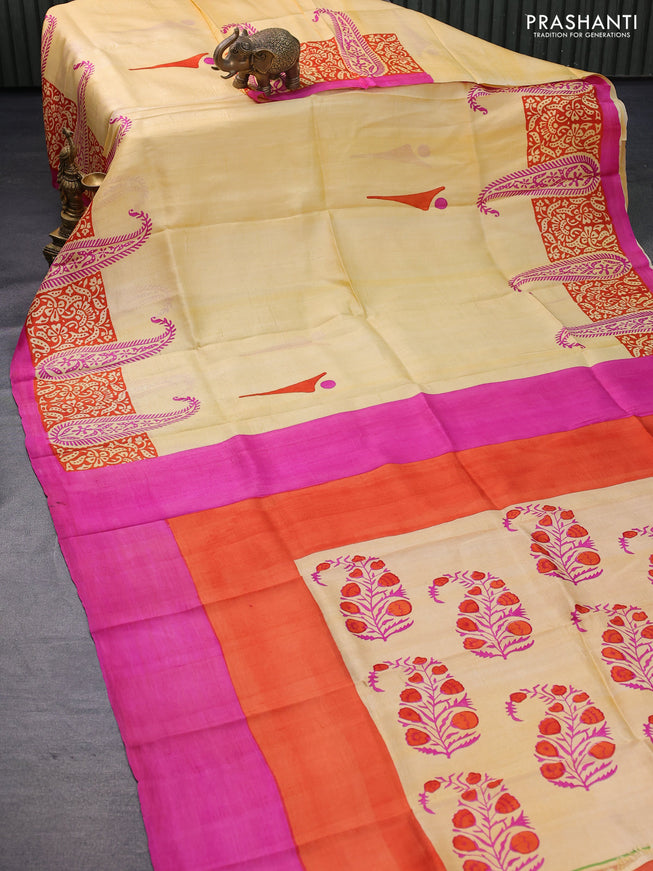 Bishnupuri silk saree pale yellow and pink with butta prints and printed border