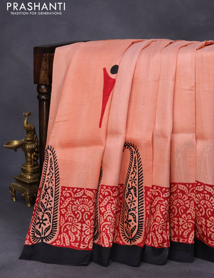 Bishnupuri silk saree peach orange and black with butta prints and printed border