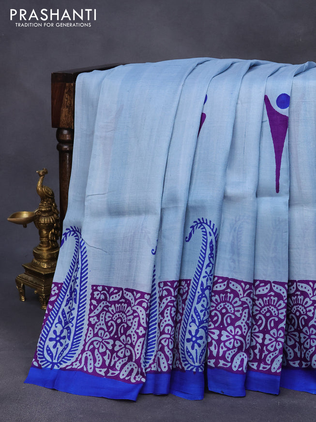 Bishnupuri silk saree pastel bluish grey and blue with butta prints and printed border