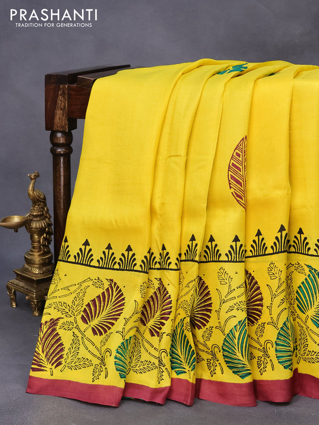 Bishnupuri silk saree yellow and deep maroon with butta prints and printed border
