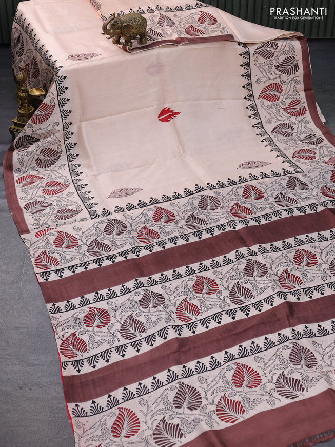 Bishnupuri silk saree cream and brown with butta prints and printed border