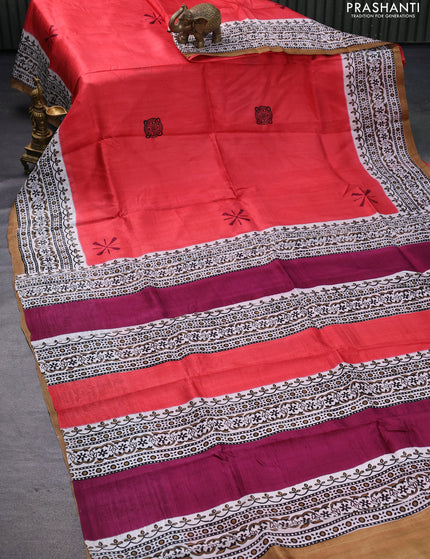 Bishnupuri silk saree red and dark sandal with butta prints and printed border