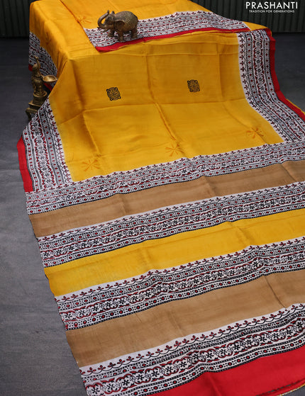 Bishnupuri silk saree yellow and red with butta prints and printed border