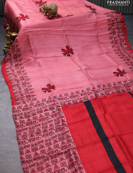 Bishnupuri silk saree pastel pink and red with butta prints and printed border