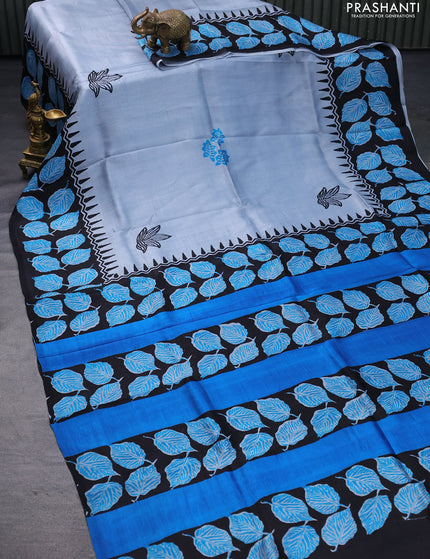 Bishnupuri silk saree pastel greyish blue and black with butta prints and printed border