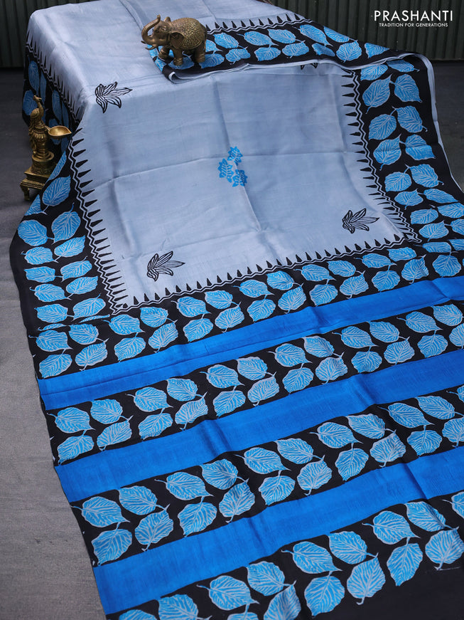 Bishnupuri silk saree pastel greyish blue and black with butta prints and printed border