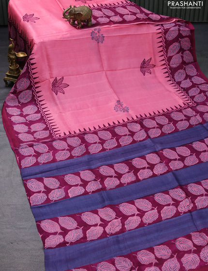 Bishnupuri silk saree pastel pink and deep purple with butta prints and printed border