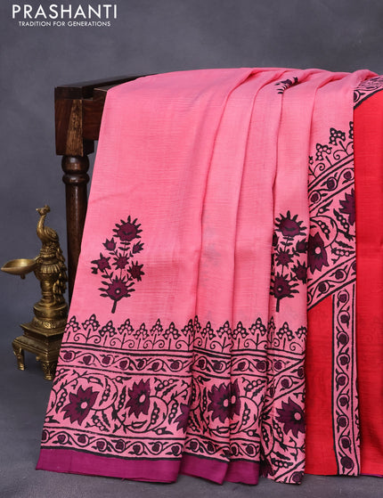 Bishnupuri silk saree pink shade and deep purple with butta prints and printed border