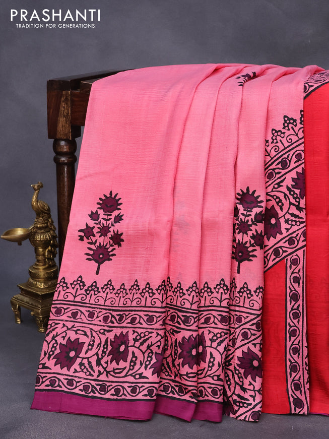 Bishnupuri silk saree pink shade and deep purple with butta prints and printed border