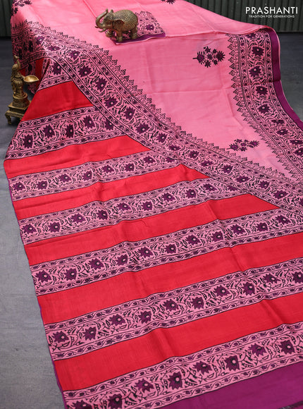 Bishnupuri silk saree pink shade and deep purple with butta prints and printed border