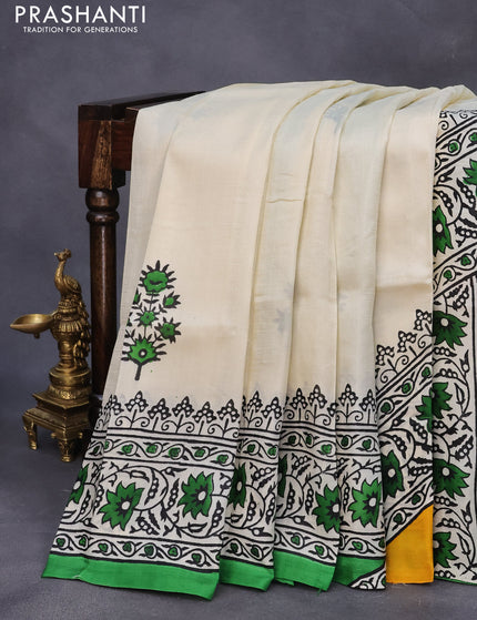 Bishnupuri silk saree cream and green with butta prints and printed border