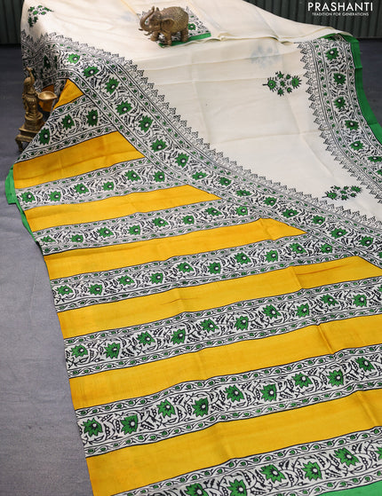 Bishnupuri silk saree cream and green with butta prints and printed border