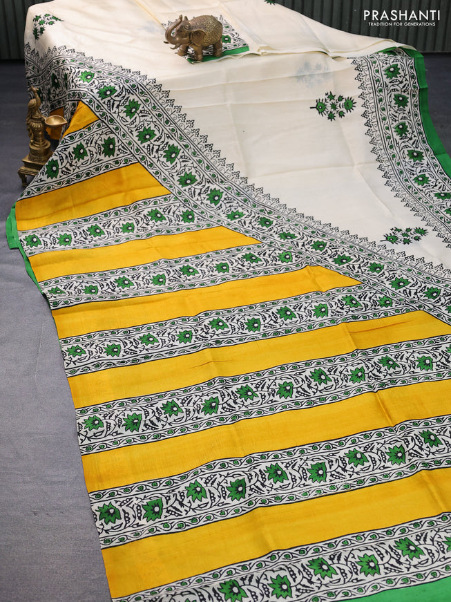 Bishnupuri silk saree cream and green with butta prints and printed border