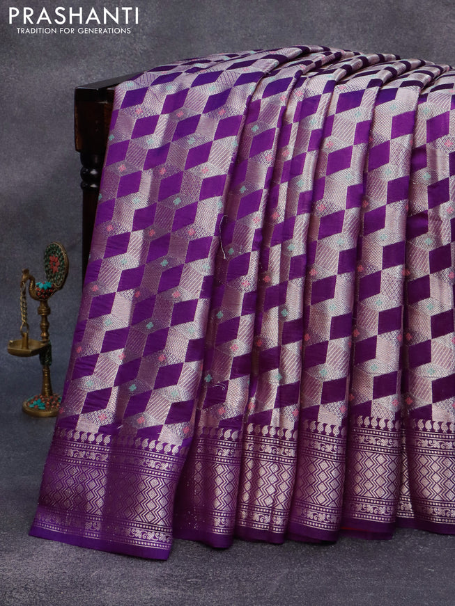 Chiniya silk saree violet and pink with allover zari woven geometric weaves and zari woven border