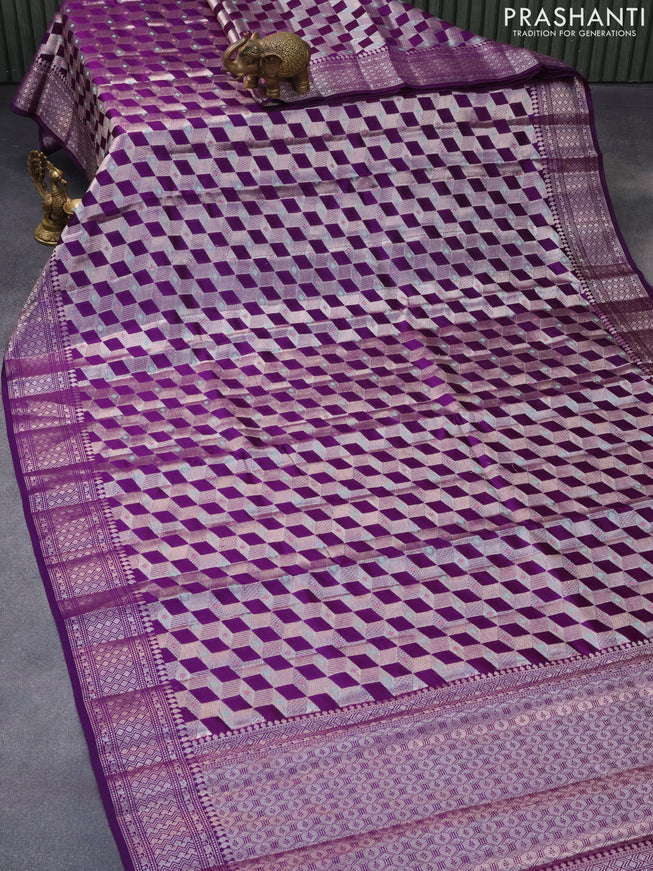 Chiniya silk saree violet and pink with allover zari woven geometric weaves and zari woven border