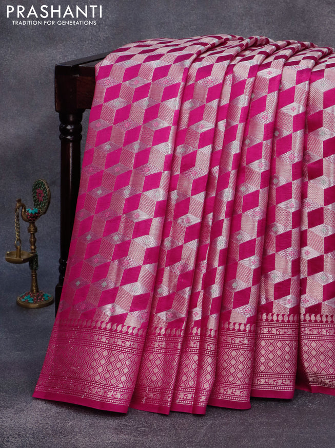 Chiniya silk saree magenta pink and deep violet with allover zari woven geometric weaves and zari woven border