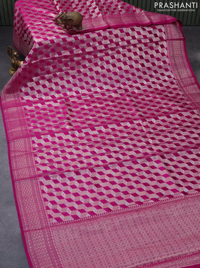 Chiniya silk saree magenta pink and deep violet with allover zari woven geometric weaves and zari woven border