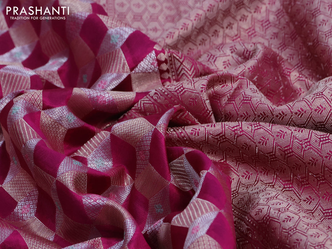 Chiniya silk saree magenta pink and deep violet with allover zari woven geometric weaves and zari woven border