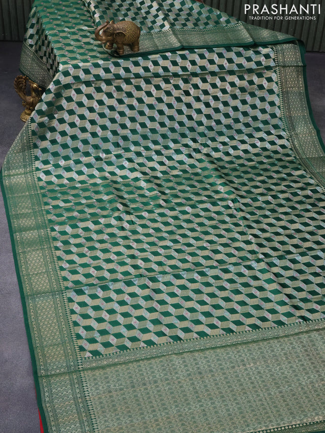 Chiniya silk saree green and red with allover zari woven geometric weaves and zari woven border