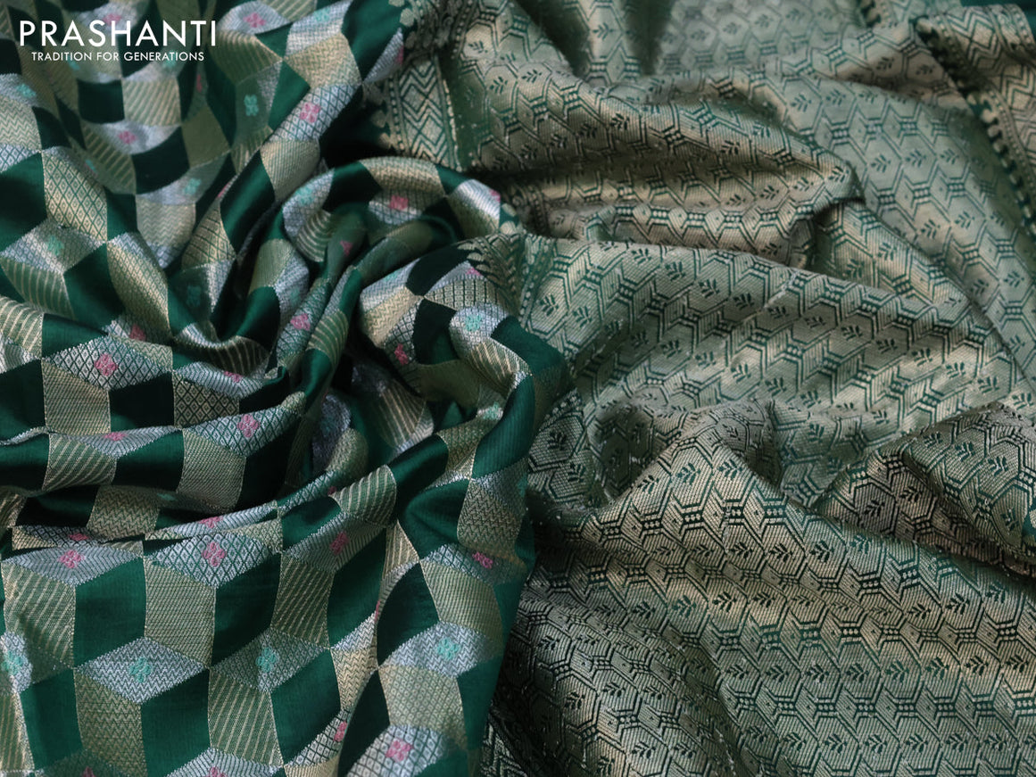 Chiniya silk saree green and red with allover zari woven geometric weaves and zari woven border